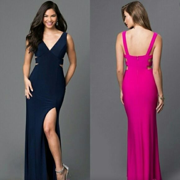 Ignite Evenings Volup Fuschia Plunging Neckline Side Cut-out Maxi Evening Gown - Picture 1 of 9